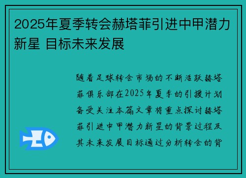2025年夏季转会赫塔菲引进中甲潜力新星 目标未来发展