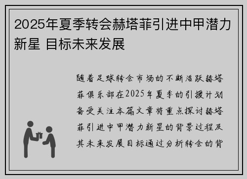 2025年夏季转会赫塔菲引进中甲潜力新星 目标未来发展
